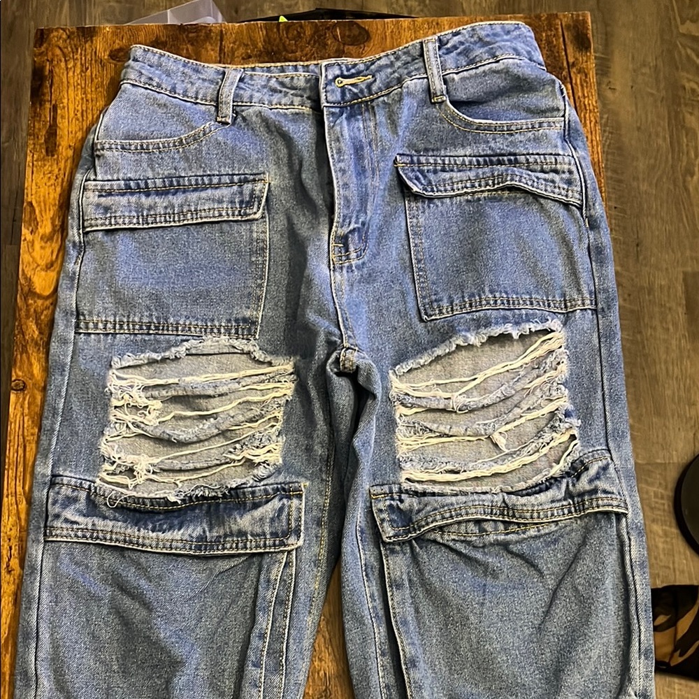 Ripped Denim Cargo Pants